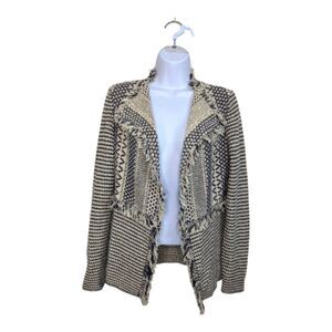 Chico's Textured Fringe Lucy Cardigan Sweater Navy Blue Ivory Fitted Woven S/4